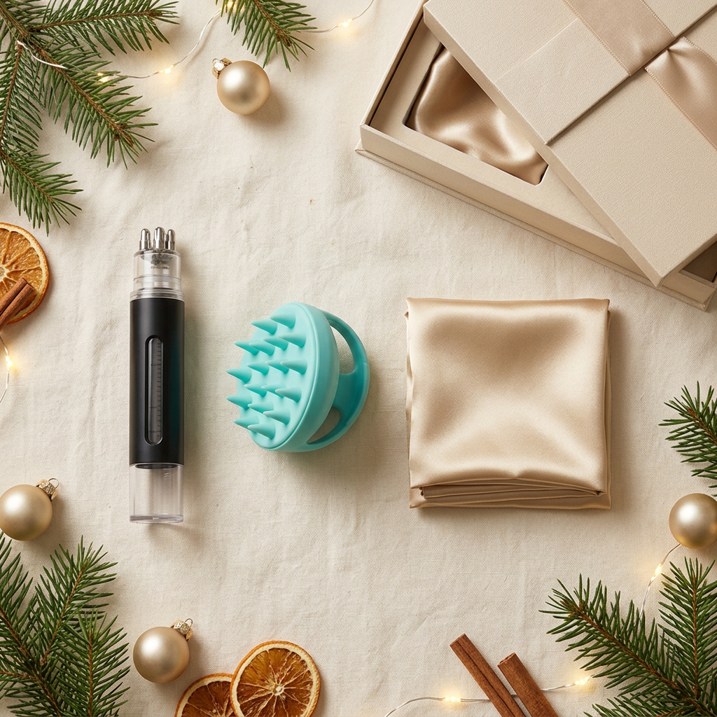 Les trois accessoires du Coffret Rituel Racines présentés avec une décoration de Noël