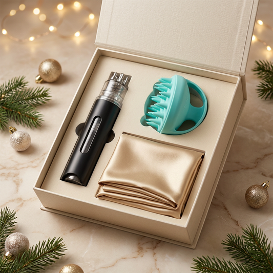 Coffret Rituel Racines Rootium ouvert : applicateur d'huile noir, brosse de massage turquoise et taie en satin dorée